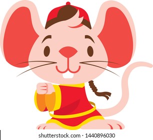 Cute pinky mouse with big ears wears traditional Chinese Tangzhuang costume  greeting Gong Xi Fa Cai. Chinese New Year 2020.The year of the rat/mice/mouse. - Vector 