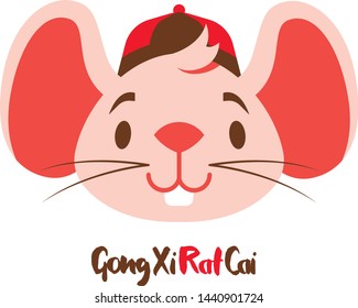 Cute pinky mouse with big ears greeting Gong Xi Fa Cai. Chinese New Year 2020. The year of the rat. - Vector 