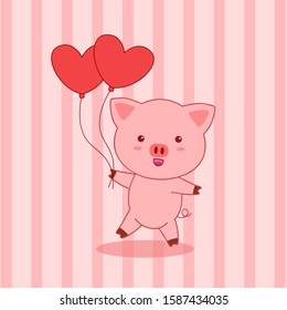 Cute Pinky Pig Cartoon with Love Vector for Valentine Day.