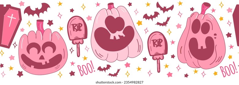 Cute pinky vector seamless of halloween attributes. Pinky mood seamless pattern with ghost, bat,tombstone, pumpkins, crow, stars, text. Pink print in flat style. Halloween lettering quote.