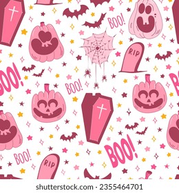 Cute pinky vector seamless of halloween attributes. Pinky mood seamless pattern with ghost, bat,tombstone, pumpkins, crow, stars, text. Pink print in flat style. Halloween lettering quote.