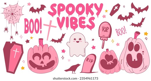 Cute pinky vector set of halloween attributes. Pinky mood set with ghost, bat,tombstone, pumpkins, crow, stars, text. Pink print in flat style. Halloween lettering quote.