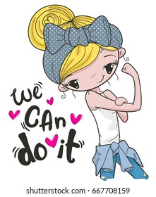  Cute pinup girl with text "we can do it" isolated on white background illustration vector.