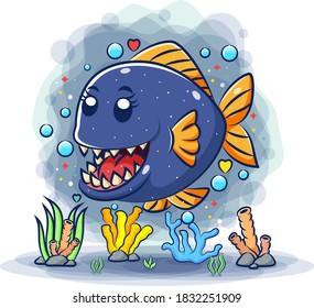 The cute piranha with the sharp teeth under the sea of illustration