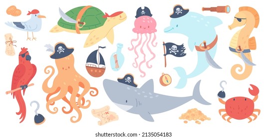 Cute pirate animals with captain hat, marine animal characters in pirates costumes. Octopus, seahorse, shark, turtle, dolphin, underwater creatures, sea adventure elements vector set