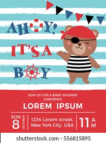 Cute pirate bear cartoon illustration with text Ahoy it's a boy for baby shower invitation card design template svg