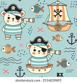 Cute pirate bear vector illustration, seamless pattern for kids