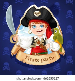 Cute pirate boy with green parrot. Banner for Pirate party