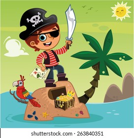 Cute pirate boy and his treasure.