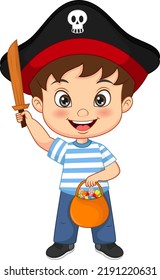 Cute pirate boy holding a basket of candies