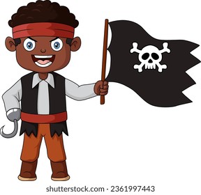 Cute pirate boy holding black flag