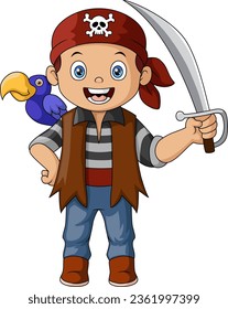 Cute pirate boy holding sword with macaw bird