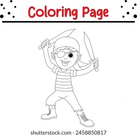 cute pirate boy holding sword coloring page for kids and adults