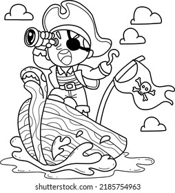 Cute pirate boy on boat hand drawn coloring book cartoon isolated on white