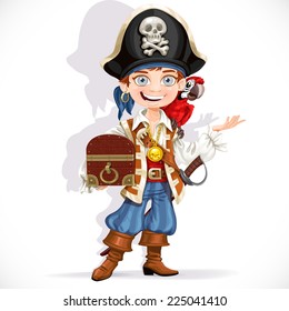 Cute pirate boy with red parrot hold treasure chest isolated on a white background