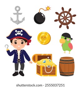 Cute pirate boy and treasure elements