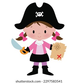 Cute pirata capitán chica vectorial ilustración de dibujos animados