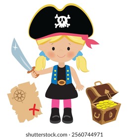 Cute pirate captain  girl vector cartoon illustration