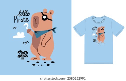 Cute pirate capybara illustration with tshirt design vector the Concept of Isolated Technology. Flat Cartoon Style Suitable for Landing Web Pages,T shirt, Flyers, Stickers