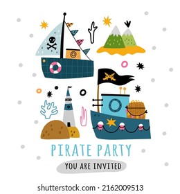 Cute pirate card. Filibusters boats and ocean islands. Funny kids sailors with marine elements. Sea journey. Ships and saber. Corsairs sailboats. Vector piracy party