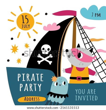 Cute pirate card. Kids sailors with marine elements. Filibuster ships and animal mariners. Corsairs sailboat. Cartoon wolf and jellyfish characters. Vector party ストックフォト © 