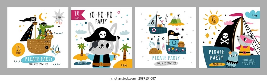 Cute pirate cards. Kids sailors with marine elements. Happy animals characters with sabers. Ships and filibusters. Tropical islands with palms and sea waves. Vector party