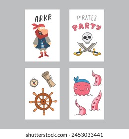 Cute Pirate cards set. Cartoon sea adventures cards collection. Vector illustration.