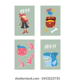 Cute Pirate cards set. Cartoon sea adventures cards collection. Vector illustration.