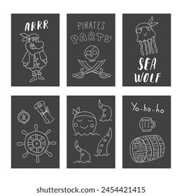 Cute Pirate cards set. Cartoon sea adventures cards collection. Vector illustration.