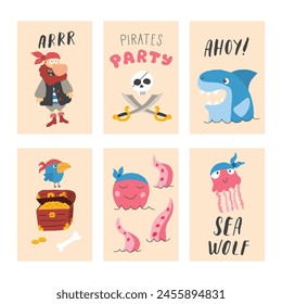 Cute Pirate cards set. Cartoon sea adventures cards collection. Vector illustration.