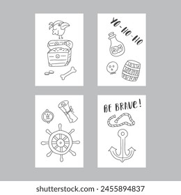 Cute Pirate cards set. Cartoon sea adventures cards collection. Vector illustration.