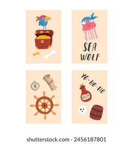 Cute Pirate cards set. Cartoon sea adventures cards collection. Vector illustration.