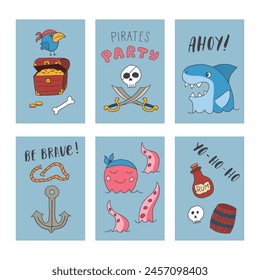 Cute Pirate cards set. Cartoon sea adventures cards collection. Vector illustration.