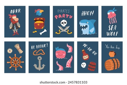 Cute Pirate cards set. Cartoon sea adventures cards collection. Vector illustration.