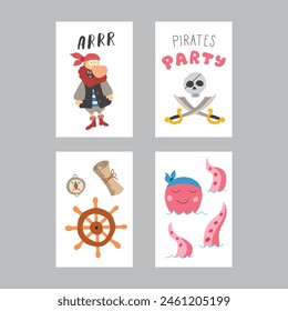 Cute Pirate cards set. Cartoon sea adventures cards collection. Vector illustration.