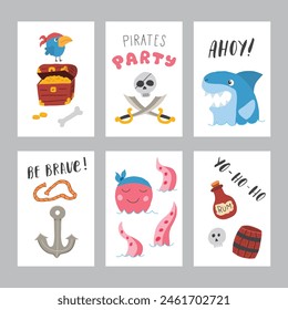 Cute Pirate cards set. Cartoon sea adventures cards collection. Vector illustration.