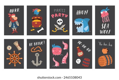 Cute Pirate cards set. Cartoon sea adventures cards collection. Vector illustration.