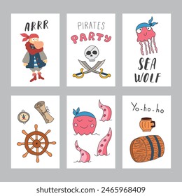 Cute Pirate cards set. Cartoon sea adventures cards collection. Vector illustration.
