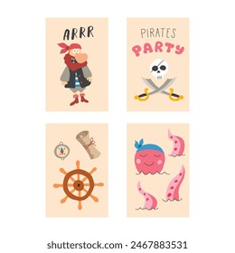 Cute Pirate cards set. Cartoon sea adventures cards collection. Vector illustration.