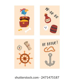 Cute Pirate cards set. Cartoon sea adventures cards collection. Vector illustration.