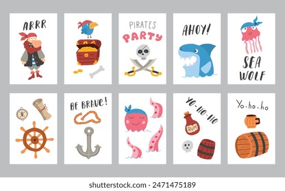 Cute Pirate cards set. Cartoon sea adventures cards collection. Vector illustration.