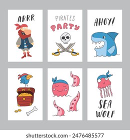 Cute Pirate cards set. Cartoon sea adventures cards collection. Vector illustration.