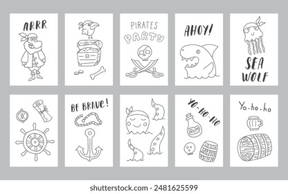Cute Pirate cards set. Cartoon sea adventures cards collection. Vector illustration.