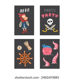 Cute Pirate cards set. Cartoon sea adventures cards collection. Vector illustration.