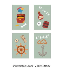 Cute Pirate cards set. Cartoon sea adventures cards collection. Vector illustration.