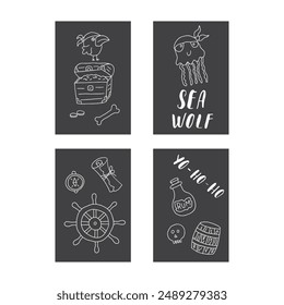 Cute Pirate cards set. Cartoon sea adventures cards collection. Vector illustration.