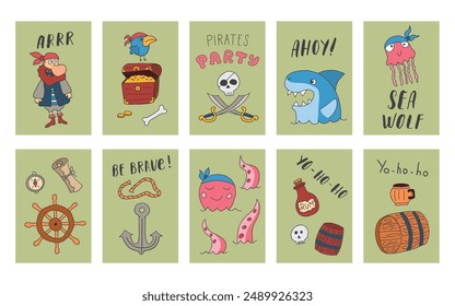 Cute Pirate cards set. Cartoon sea adventures cards collection. Vector illustration.