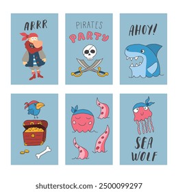 Cute Pirate cards set. Cartoon sea adventures cards collection. Vector illustration.