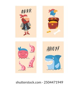 Cute Pirate cards set. Cartoon sea adventures cards collection. Vector illustration.