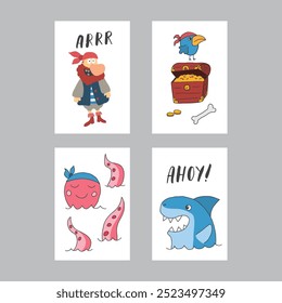 Cute Pirate cards set. Cartoon sea adventures cards collection. Vector illustration.